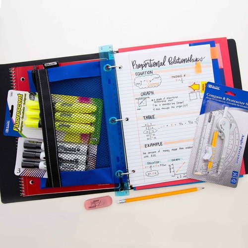 BAZIC Products Middle High School Kit Supply Box 65 Count for Student 7-12 Grades, Composition Book Compass, Color May Vary, 1-Pack