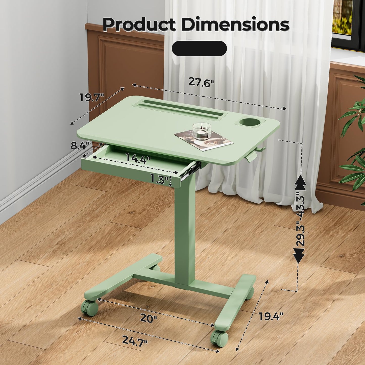 JYLH JOYSEEKER Mobile Standing Desk with Drawer, 28" Rolling Desk with Cup Holder and Hooks, Portable Laptop Workstation on Wheels, Height Adjustable Cart with Storage for Home Office, Sage Green