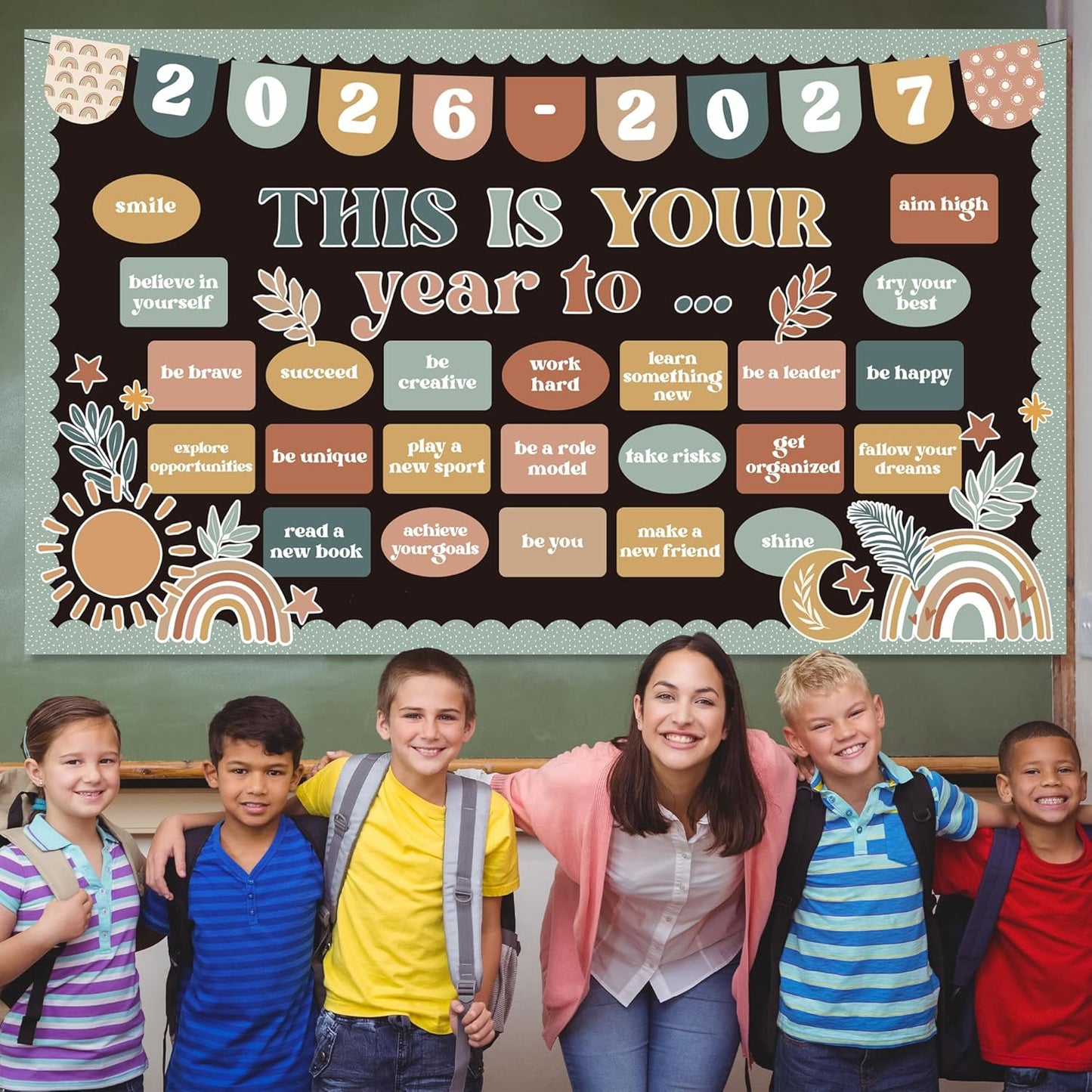 Skiennix Boho Bulletin Board Set - Inspirational Retro Decor for Classroom & Office | Welcome Back to School Cutouts