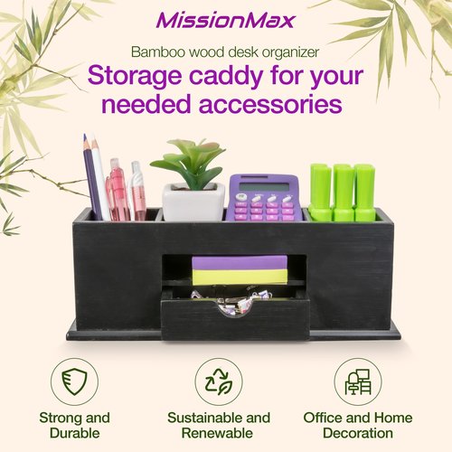 MissionMax Small Bamboo Black Caddy Desk Organizer and Storage with Drawer and Compartments for all your Office and Home needs