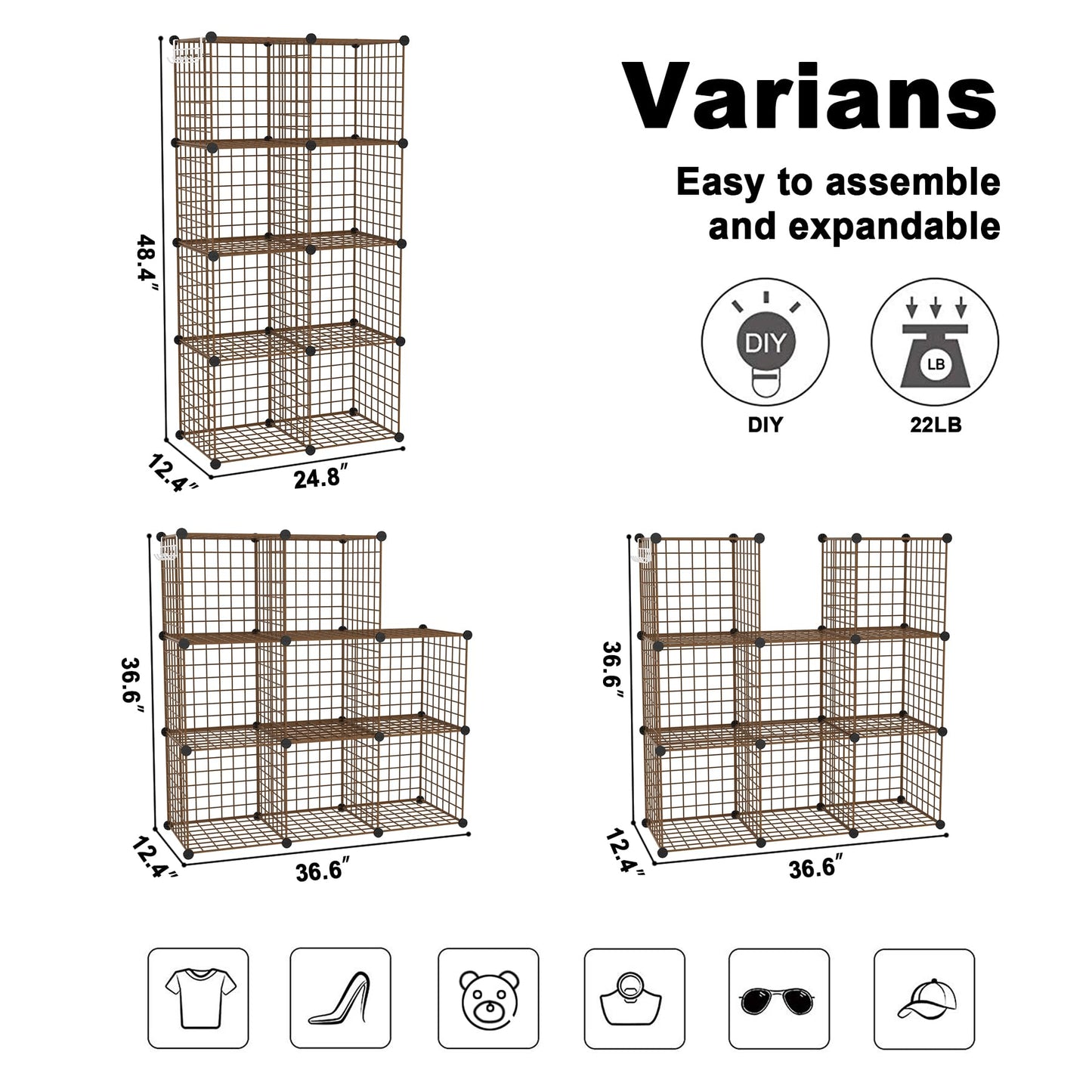 C&AHOME Wire Cube Storage, 8 - Cube Organizer Metal C Grids, Modular Shelves Units, Closet Organizer, Ideal for Home, Office, Living Room, 24.8" L x 12.4" W x 48.4" H, Brown UWCS3008R