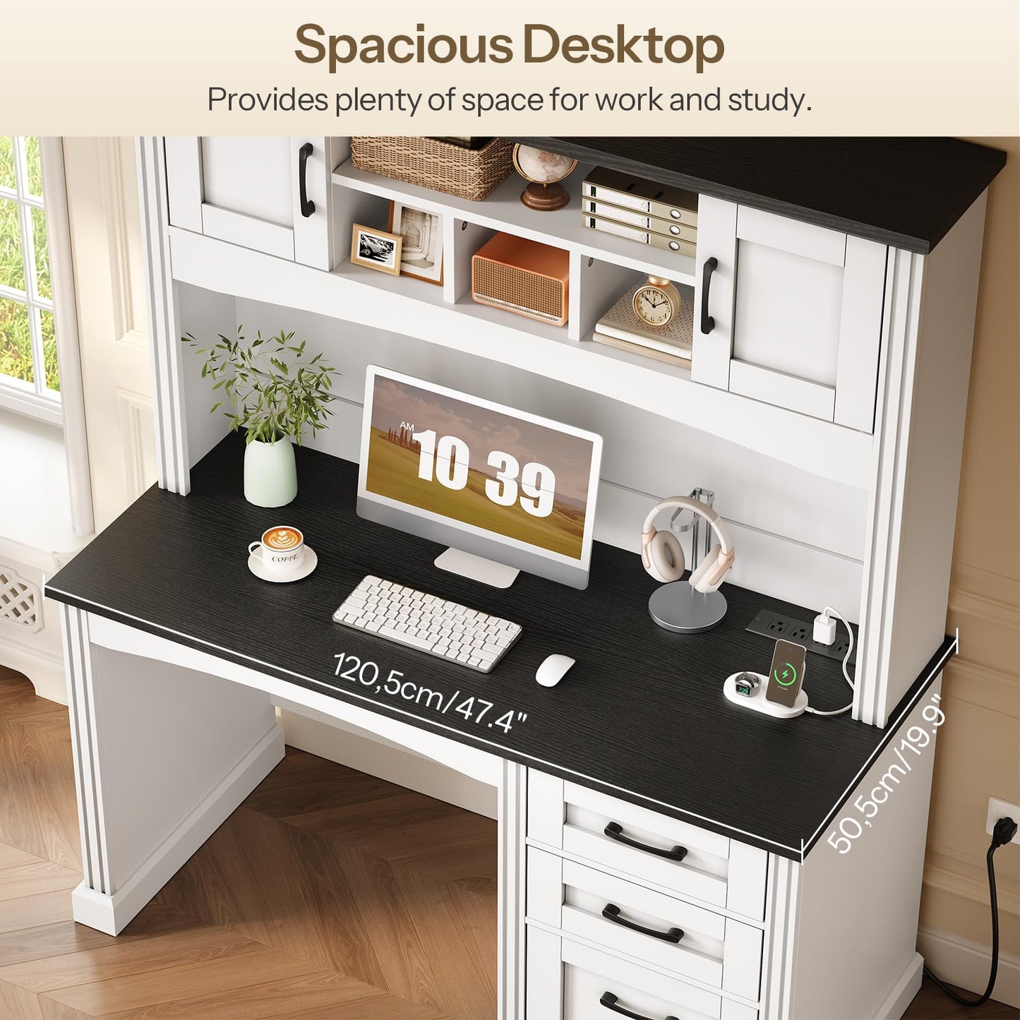 HOOBRO Farmhouse Computer Desk with Hutch and LED Light, 47.4" Large Home Writing Desk with File Drawer and Charging Station, Wooden Executive Desk for Home Office, Study, White and Black BW120UDDN01