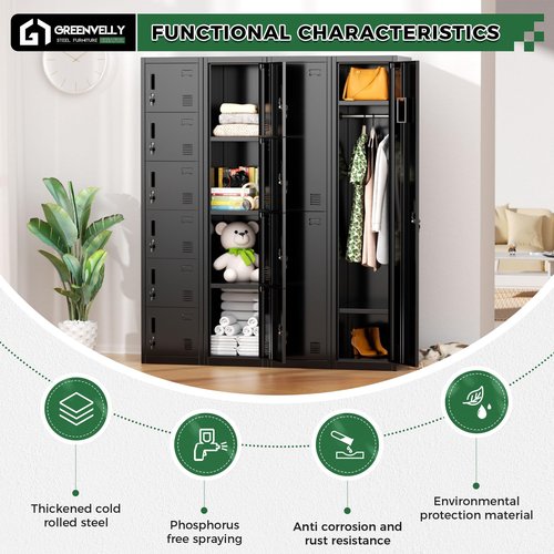 Greenvelly 72" Locker, Metal Lockers for Employees with 6 Doors and Keys, 6-Tiers Black Lockable Steel Storage Locker for Gym,School,Office,Sports,Card Slots,Vents
