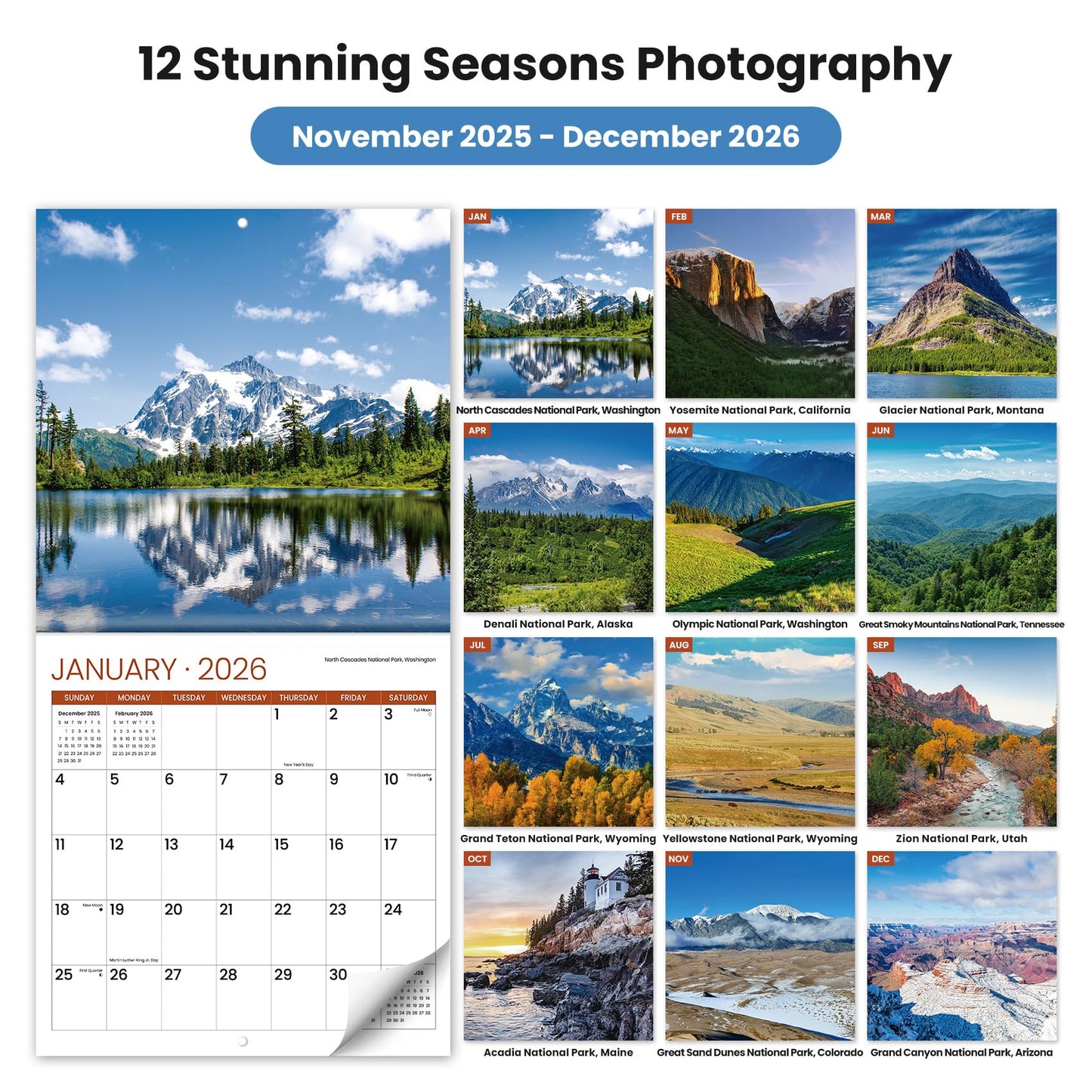 2026 Calendar, National Park Seasons 2026 Wall Calendar Starts from January 2026, 11.6 x 24 Inches (Opened), Monthly Wall Planner Hanging with Premium Paper, Ideal for Office or Home, Giftable Present