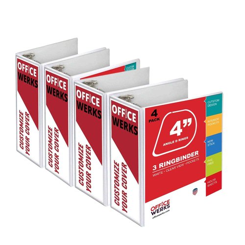 3 Ring Binder, Professional Angle D Ring 4 Inch, Presentation Folder for Standard Pages 8.5 x 11 with Pockets, Crystal Clear View White (4 Pack)