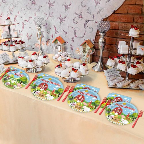 Gisgfim Farm Animals Birthday Party Supplies - 96Pcs Barnyard Tableware Set for 24 Guests