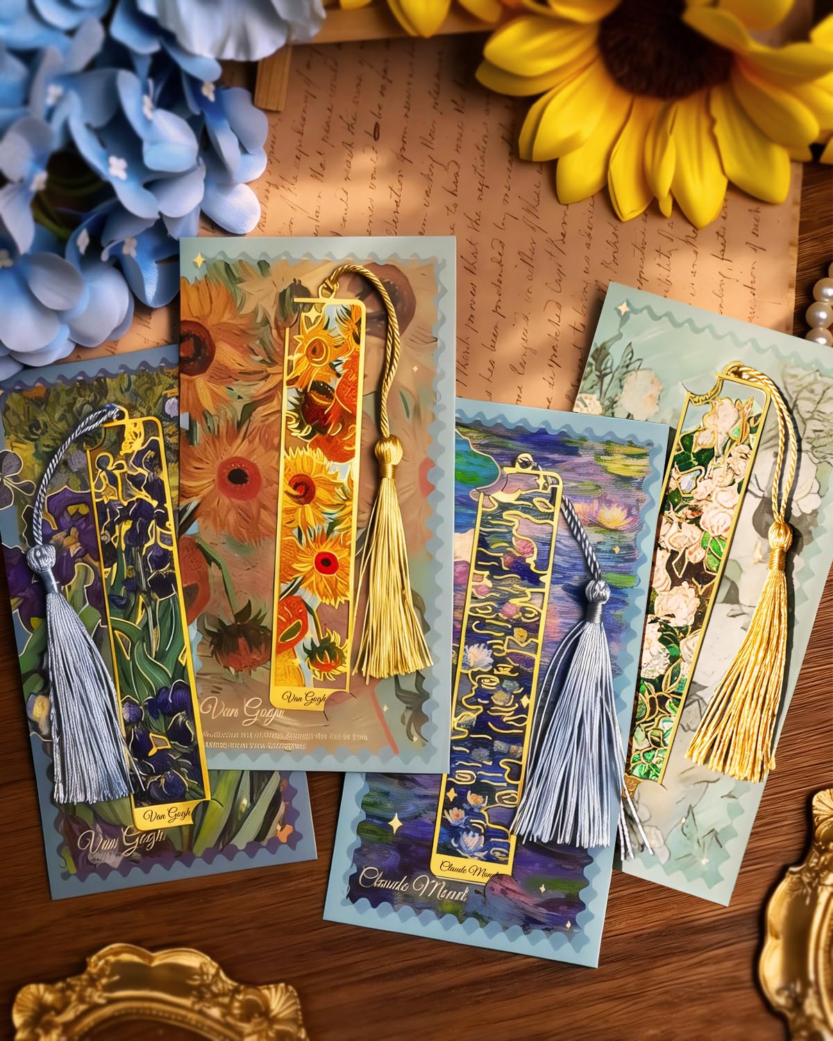 HOMTEK 4 Pieces Metal Bookmarks with Tassel, Golden Hollow Bookmark Van Gogh Monet Oil Painting Theme Book Marker for Book Lovers Writers Readers Children Teens Men Women Adults
