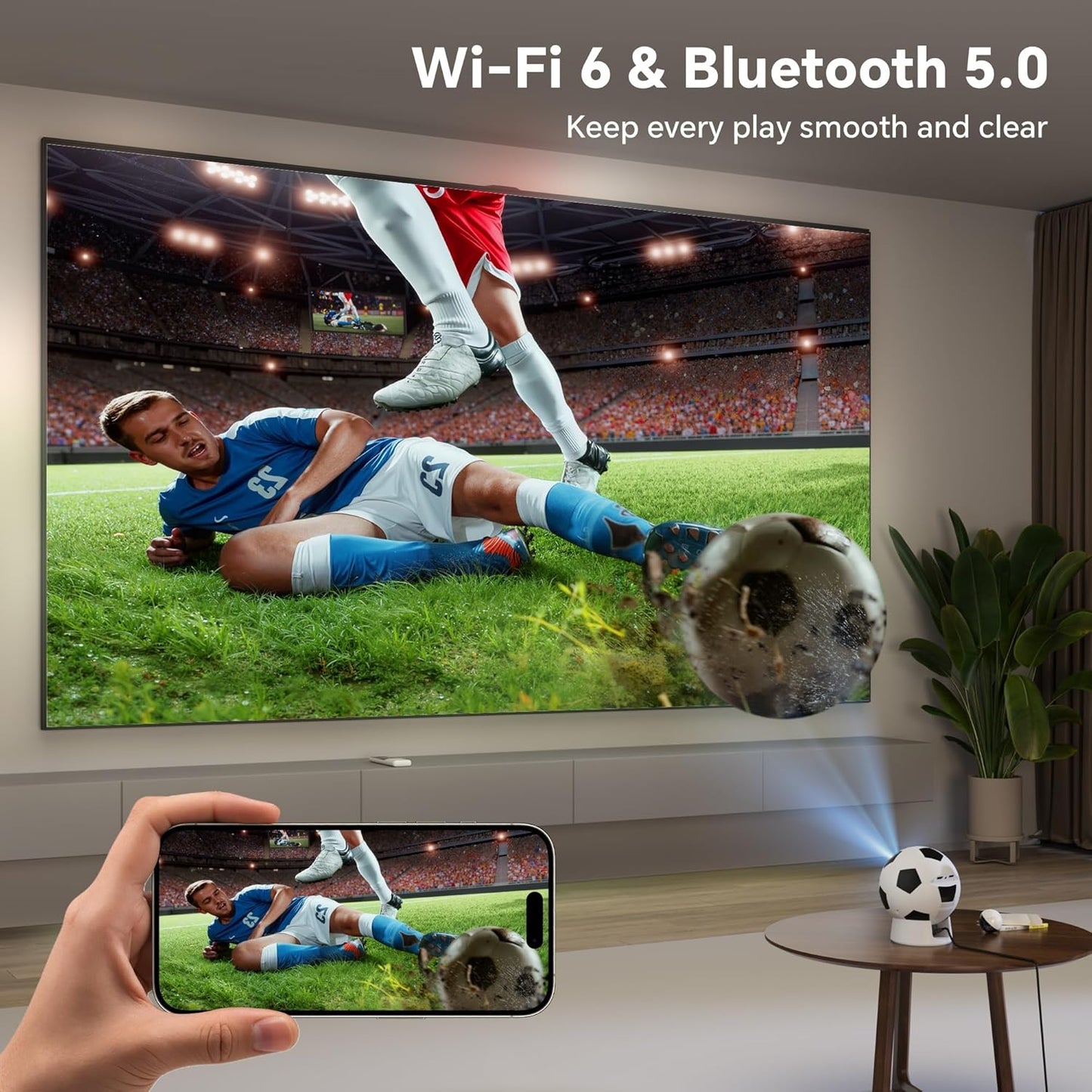 Smart Mini Projector - Android 13 WiFi Bluetooth | 1080P Football-Shaped Movie Projector for Outdoor & Bedroom