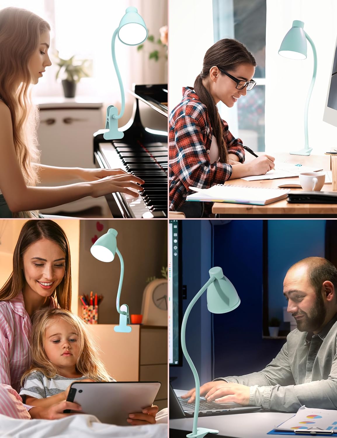 BOHON Desk Lamp - 10W LED Clip-On Light with 5 Colors & 10 Brightness Levels | Flexible Gooseneck, Teal