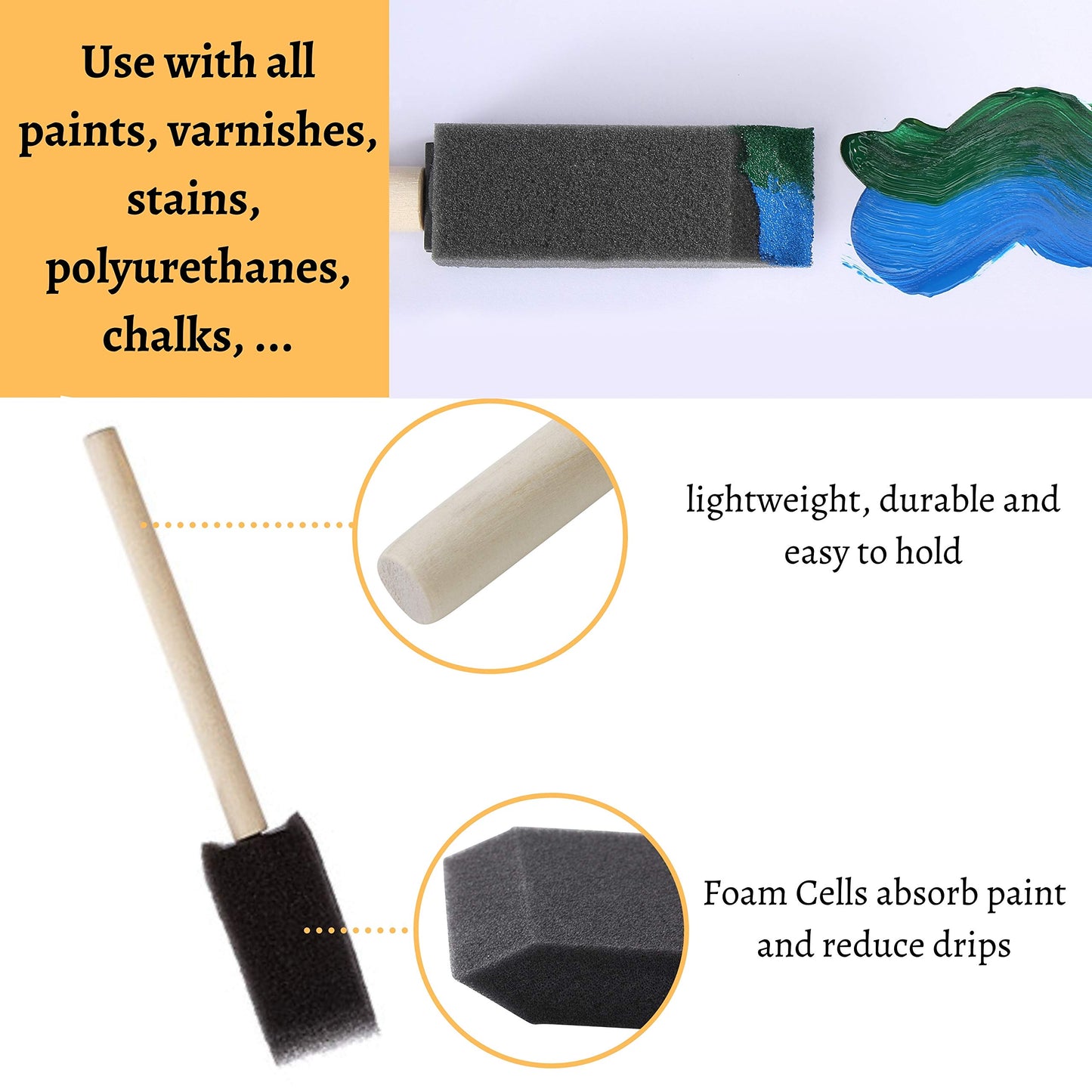 Bates- Foam Paint Brushes, 1 Inch, 300 Pack, Foam Brushes for Painting with Lightweight Wooden Handles