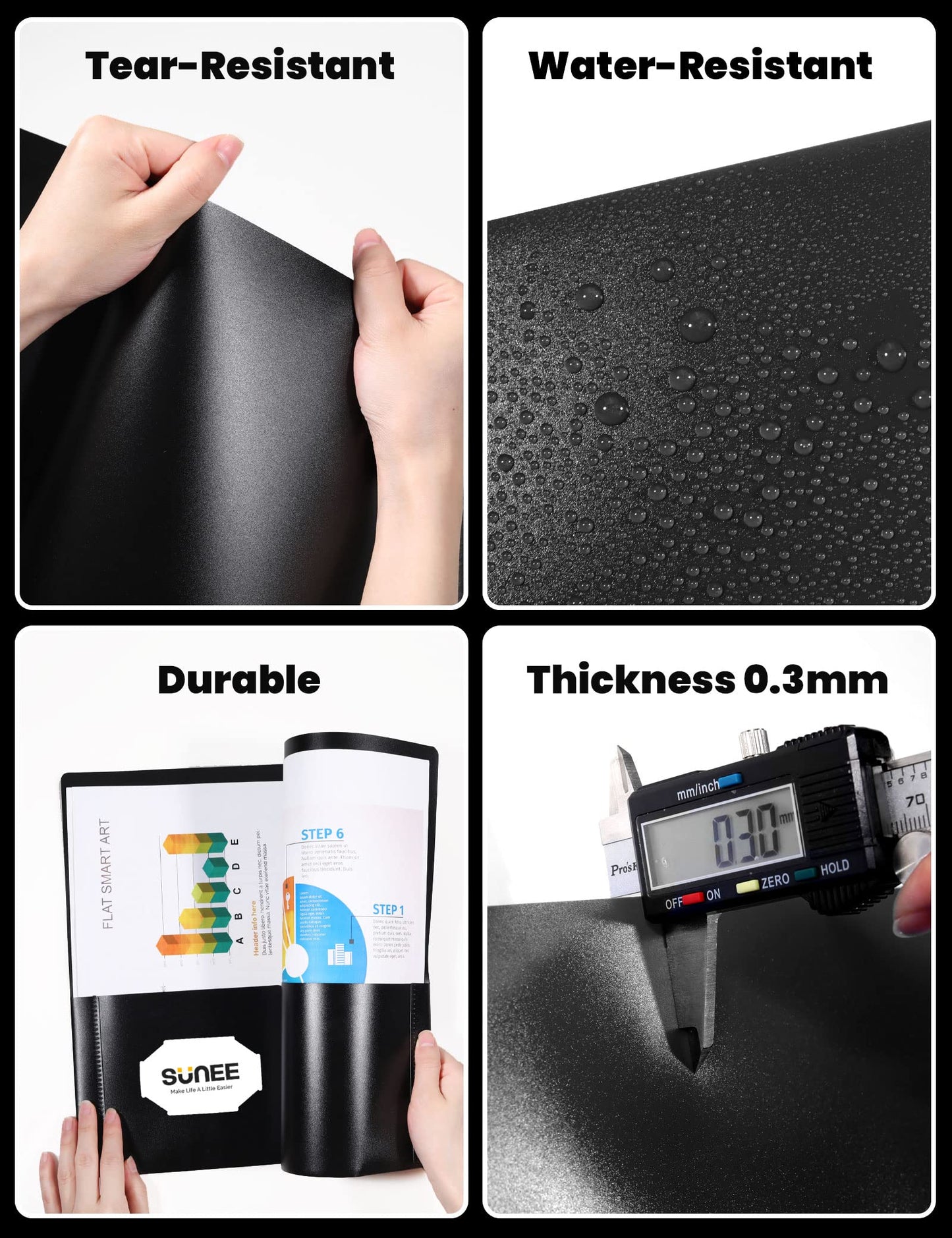 SUNEE 2 Pocket Folders (6 Pack, Black) Heavy Duty Plastic Folders with Pockets Fit Letter-Size Papers, Two-Pocket Poly Folder Bulk for School, College, Office