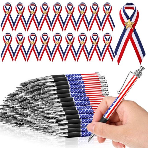Qeeenar 200 Pcs Veterans Day American Flag Ballpoint Pen and Patriotic Ribbon Pins with Star Set 1.0 mm Black Ink Gel 4th of July Ink Pen for Veterans Day Memorial Independence Party Supplies