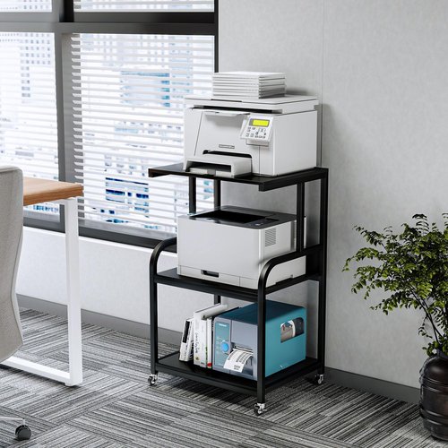 EasyCom Printer Stand- Large 3 Tier Sofa Side Table with Wheels- Industrial Printer Storage Cart- Modern Night Stands with Storage Shelf for Living Room Bedroom Office Black