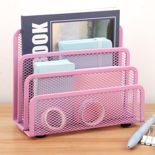 EASEPRES Desk Mail Organizer, Office Small Desktop Metal Mesh Envelope Letter Sorter Paper File Holder Organizer with 3 Vertical Upright Compartments, Pink 2 Pack