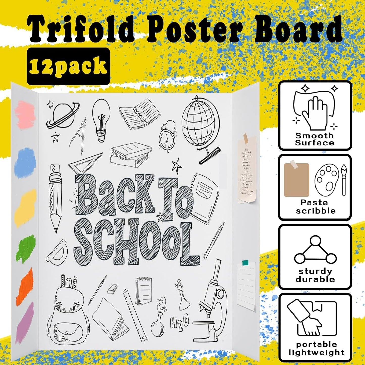 Trifold Poster Board by Skiennix - 12 Pcs White Corrugated Presentation Boards, 21.4" x 14" with Double-Sided Tape for School Projects