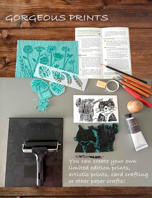 Xenolog Deluxe Block Printing kit - Premium lino Cutters, Linoleum Blocks for printmaking, Includes Printing Ink in 4 Colors, Brayer, baren, Basswood, Transfer Paper, Stencils, and Guide - Ideal Gift