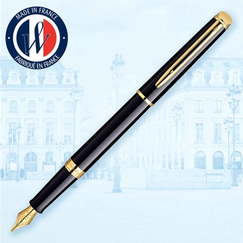 Waterman Hémisphère Fountain Pen Black with Gold Trim Medium Nib Blue Ink Gift Box