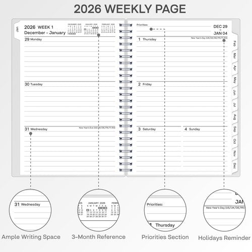 2026 Planner, Weekly ＆ Monthly Planner 2026, Jan 2026 – Dec 2026, 6.2" x 8.42", Flexible Cover, 12 Monthly Tabs, Thick Paper, Spiral Wirebound, Inner Pocket, Watercolor Flowers