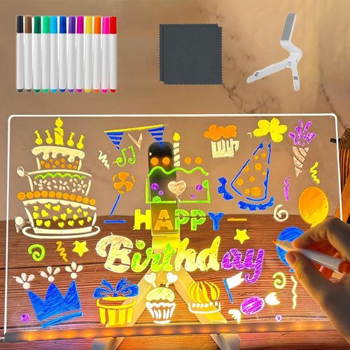 Cosmody Lumiboard LED Drawing Board, Lumi Board LED Drawing Tablet, Doodle Glow LED Note Board, Home and Oak Creative Magic Board with 12 Colors, Light Up Acrylic Dry Erase Board (7.9*11.9in +12 pens)