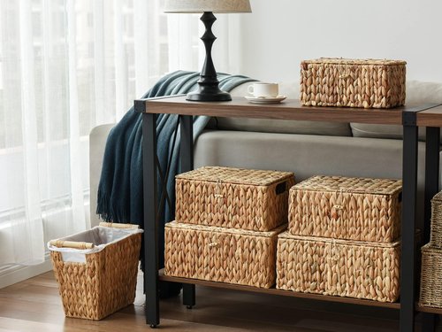 StorageWorks Wicker Waste Basket with Wooden Handles, Bathroom Trash Can, Wicker Trash Can for Bedroom, Office, Living Room, 12 Liters, 1 Pack