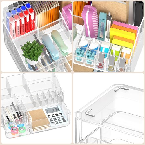 HEMTROY Acrylic Desk Organizer with 3 Drawer, Office Organizer, Multi-Functional Desk Caddy, Large Desktop Storage Box for Home, Cabinet, Bathroom, Office Art Supplies(Clear)