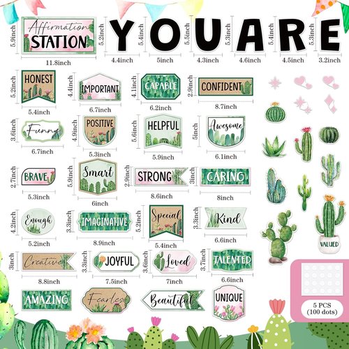 Skiennix 45-Piece Cactus Affirmation Station Set - Motivational Posters & Cutouts for Classroom Decor