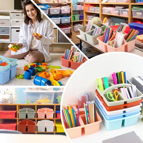 Lineshading 12 Pack Plastic Classroom Caddy - 4 Compartment Organizer Boho Color Table Caddy with Handles for School Home Office Supplies