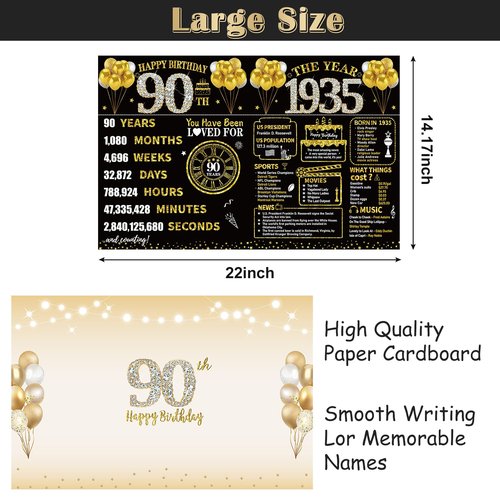 Kuxriox Large 90th Birthday Card With Envelope, Black Gold Happy 90th Birthday Giant Guest Book Gifts for Men Women, Giant Ninety Bday Card Gifts Party Supplies, The Year 1935 Jumbo 90 Bday Card