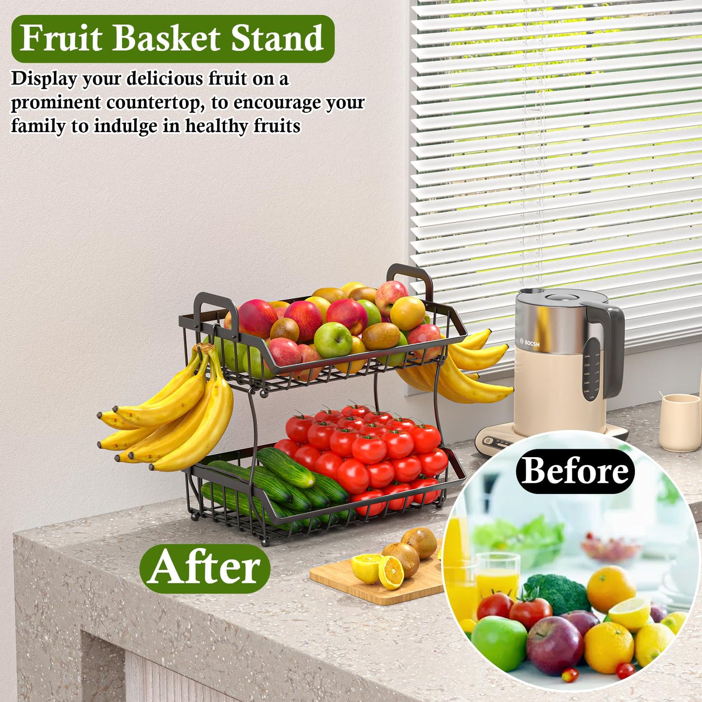 OKZEST 2-Tier Fruit Basket for Kitchen Counter with 2 Banana Hangers, Hanging Fruit Storage Basket Stand, Metal Fruit Organizer Bowl with Handles for Storage Potato Onion Bread Snack Vegetable
