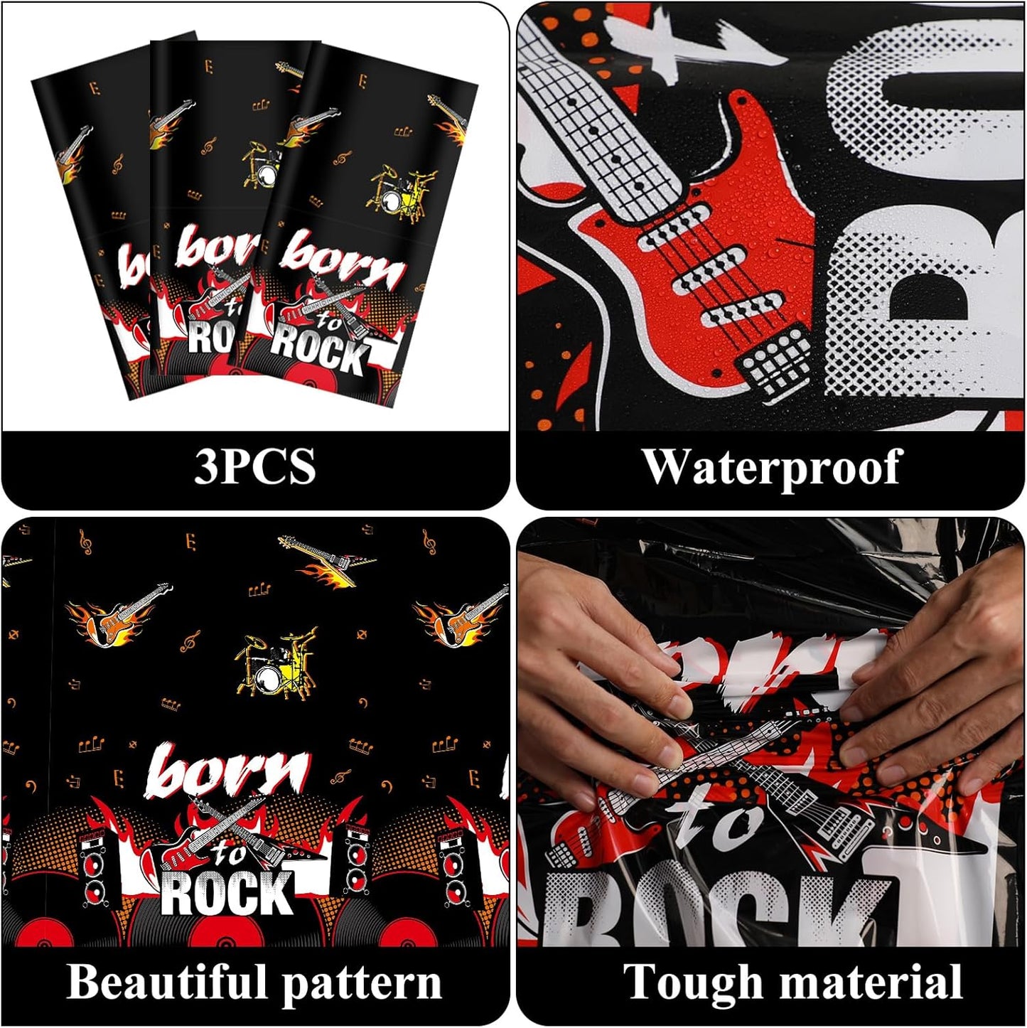 Skiennix Rock Themed Party Tablecloths - 3PCS 108x54 Inch Guitar Decorations for Music Birthday Party