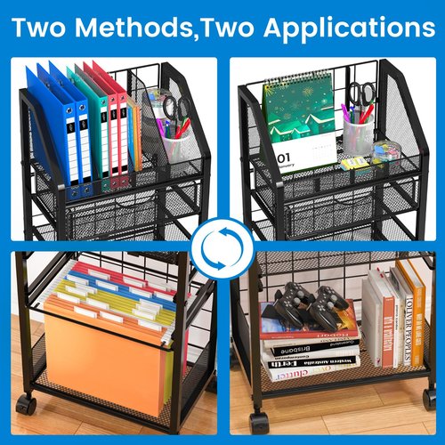 5 Tier Rolling File Cart with Drawer, Metal Office File Cart Organization with Sliding Trays, Teacher Carts with Wheels, Paper Letter Storage Hanging Files Folders for Workspace,Home,School Classroom
