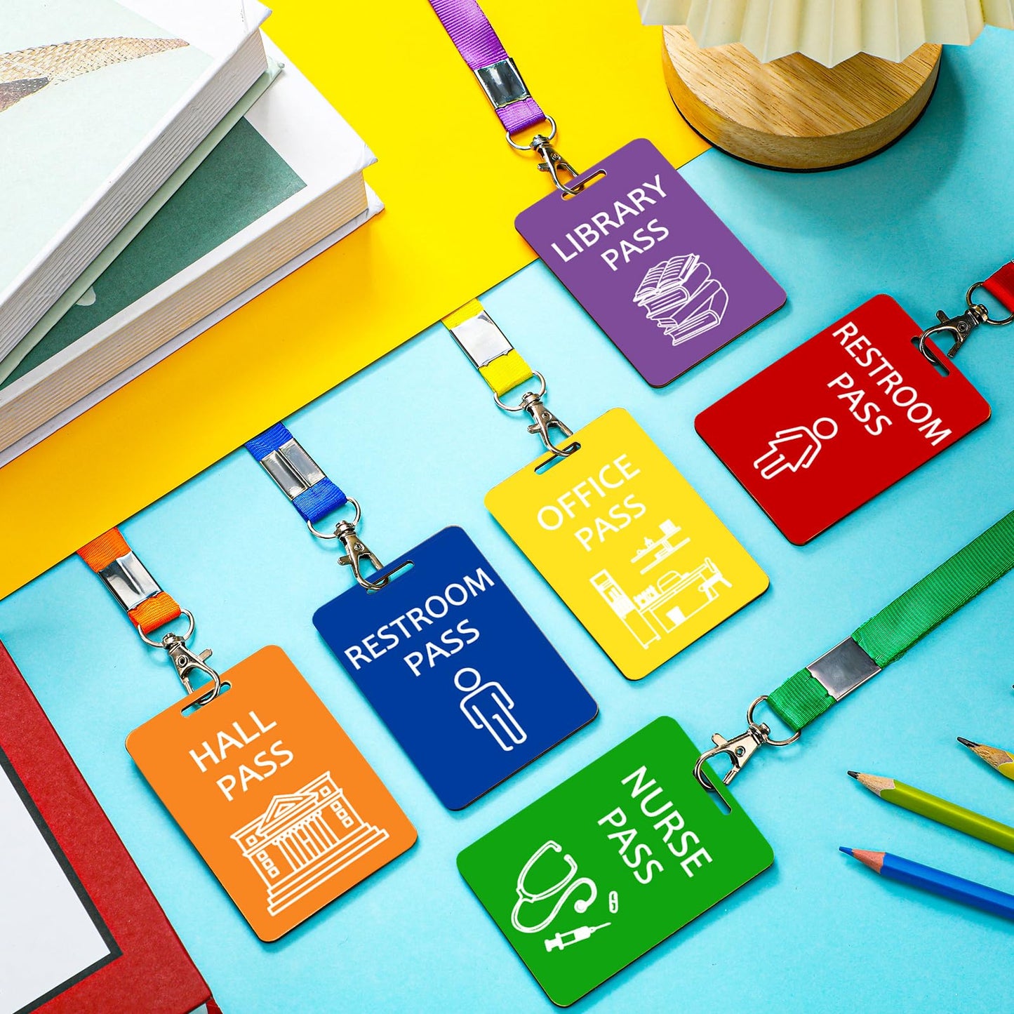 Sabary 6 Sets Hall Pass Lanyards and School Passes Set Unbreakable Wooden Bathroom Passes for Classrooms Hall, Restroom, Library, Office and Nurse School Teacher Supplies Gift(Bright Color)