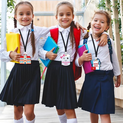 6 Sets Hall Pass Lanyards Wooden School Passes Set Unbreakable Classroom Passes Colorful Cartoon Style Hall Pass for Classroom School Restroom Library Office Nurse Teachers Gift Supplies