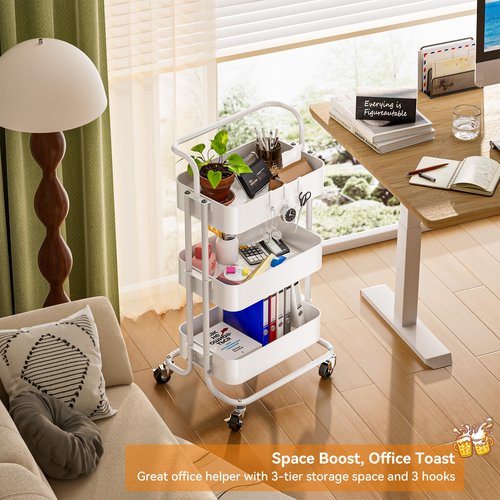 YIPPPPE 3 Tier Rolling Cart, Mobile Office Storage Cart with Handle and Lockable Wheels, Utility Organization with Metal Mesh Shelves for Kitchen Bedroom, White