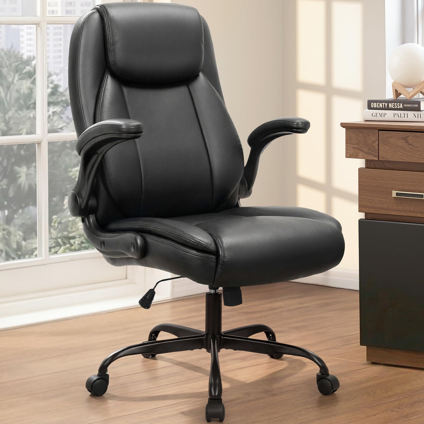 NEO Chair Ergonomic Office Chair PU Leather Executive Chair Padded Flip Up Armrest Computer Chair Adjustable Height High Back Lumbar Support Wheels Swivel for Gaming Desk Chair