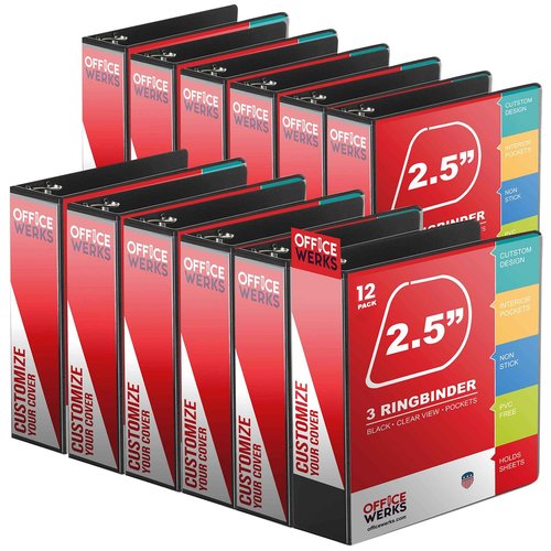 12 Pack of 2.5 Inch 3 Ring Binder with Locking Angle D Rings, Professional Heavy Duty Large Storage Binder with Pockets, Fits 8.5 x 11 Inch Sheets, Non-Stick Clear View Cover, Customizable, Black
