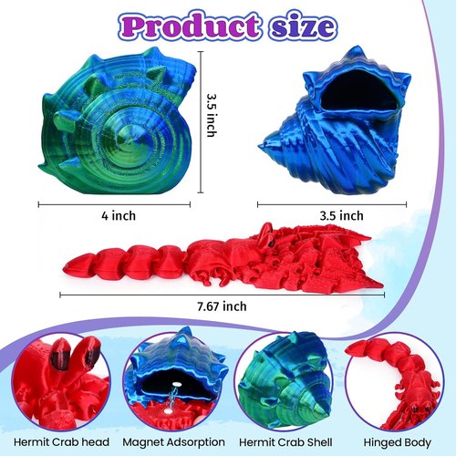 Skiennix 3D Printed Hermit Crab Toy - Full Articulated Flexible Fidget for Autism & ADHD | Blue Green