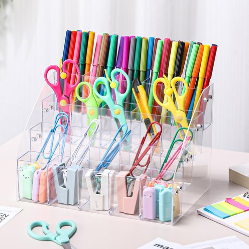 Cinnvoice Acrylic Pen Organizer Storage 20 Compartments Vertical Marker Organizer Acrylic Pen Display Holder for Office Desk Desktop Stationery Pencil Storage, 10.4 x 7.1 x 7.5 Inch