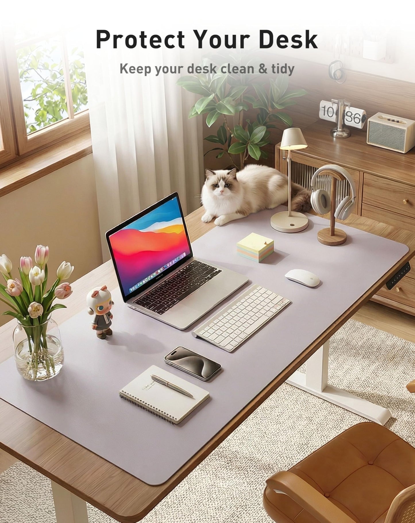 Aothia Faux Leather Desk Mat - Large Mouse Pad, Non-Slip PU Leather Blotter, Waterproof Writing Surface for Office and Home (Smoky Lavender, 42" x 17")