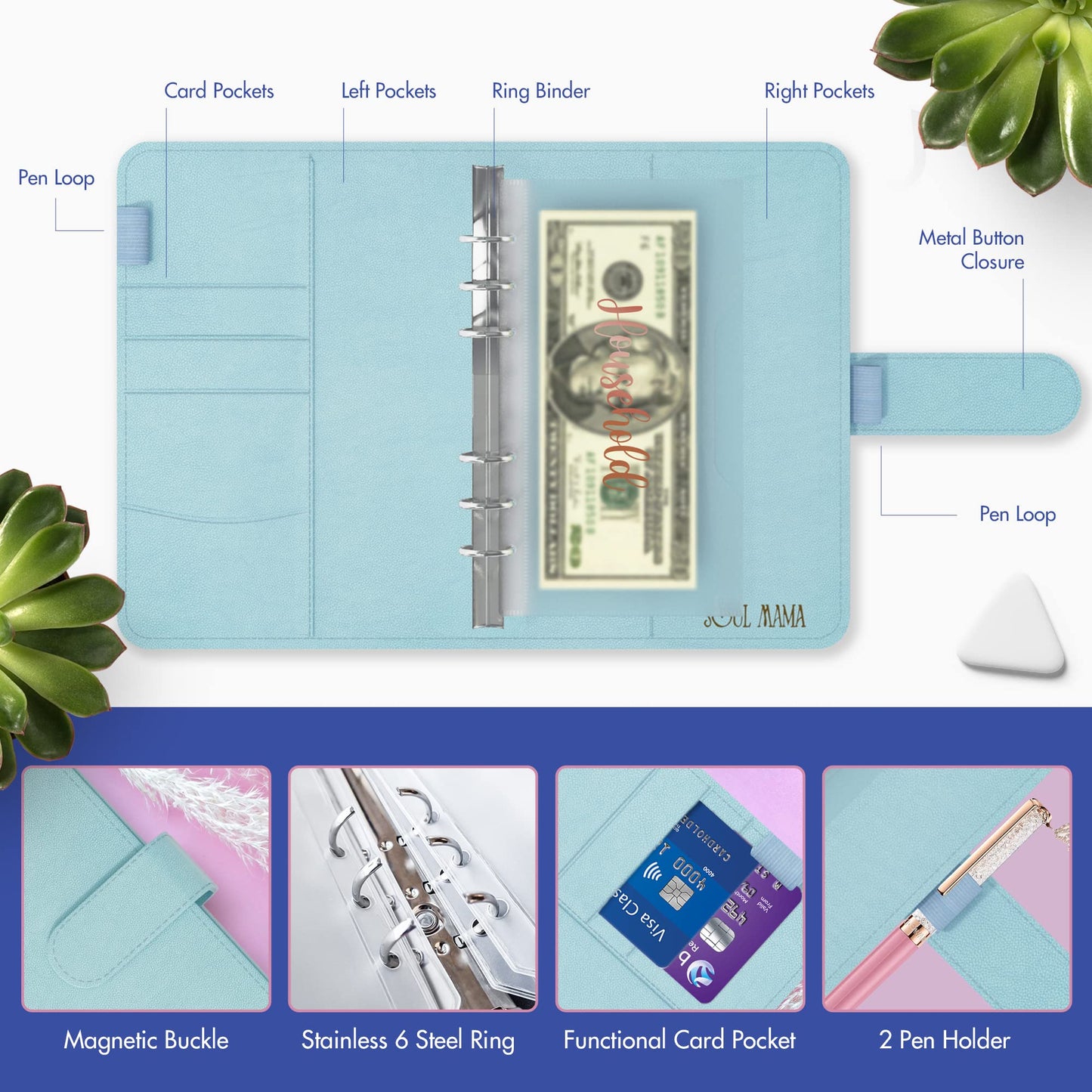 SOUL MAMA Budget Binder with Cash Envelopes - Blue Money Organizer for Cash, A6 Binder Cash Envelopes for Budgeting, Money Saving Binder with Rose Gold Stickers