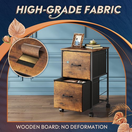 DEVAISE 2 Drawer Mobile File Cabinet, Rolling Printer Stand, Fabric Vertical Filing Cabinet fits A4 or Letter Size for Home Office, Rustic Brown Wood Grain Print