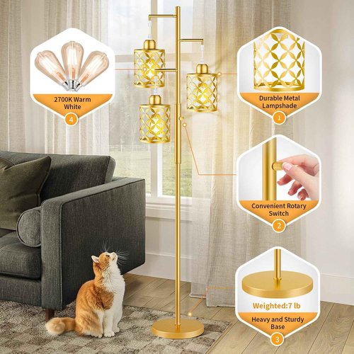 GHOOCEMLUX 68" Dimmable Floor Lamp, Modern Standing Lamp with Elegant Metal Cage, Industrial Tall Tree Floor Lamps for Living Room, Bedroom, Study Room, Office (2000LM LED Bulbs Included) - Gold