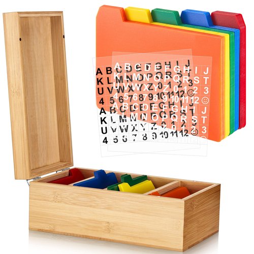 Henoyso 3 x 5 Inches Index Card Holder Set, Bamboo Recipe Box Organizer Index Cards Organizer, 50 Pcs Dividers 2 Sheets Alphabet Number Stickers File Note Holders for Office Business Home Kitchen