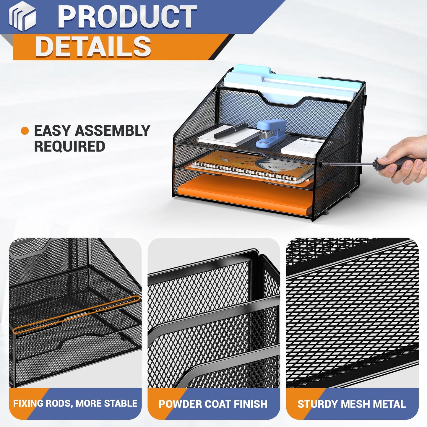 GAWERK Letter Tray Organizer, Mesh Desk File Organizer with 3 Paper Trays and 2 Vertical Upright Section (Gold)
