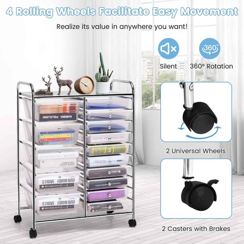 HOMGX Storage Cart with 15 Drawers, 15 Drawer Organizer Trolley, 15 Tiers Storage Trolley, File and Debris Storage Cart, Rolling Drawer Cart for Office and School (Clear)