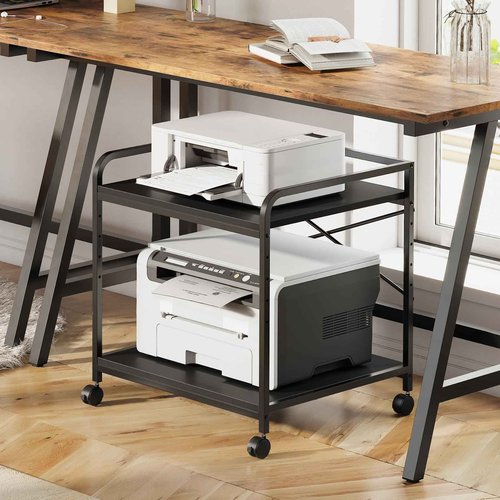 Warmiehomy Under Desk Printer Stand, 20" x 22" x 23" Large Printer Table with Adjustable Storage Shelf, 2 Tier Rolling Printer Cart with Wheels, Use for Home Office 3D/Laser Printers, Black