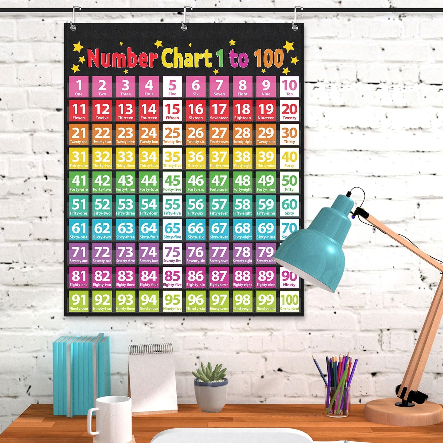 Frienda Hundreds Pocket Chart for Classroom with 100 Pockets 107 Double-Sided Number Cards 26 Blank Cards 1 Pen 3 Hooks Number Chart 1-100 for Classroom Home Learning Counting and Organizer(Classic)