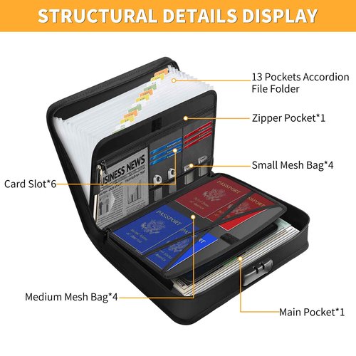 JUNDUN Accordion File Organizer with Lock,Multi-Pockets Fireproof Document Organizer with Handle & Zipper - 13 Pockets Expanding File Folder with Labels for Letter A4 Files and More