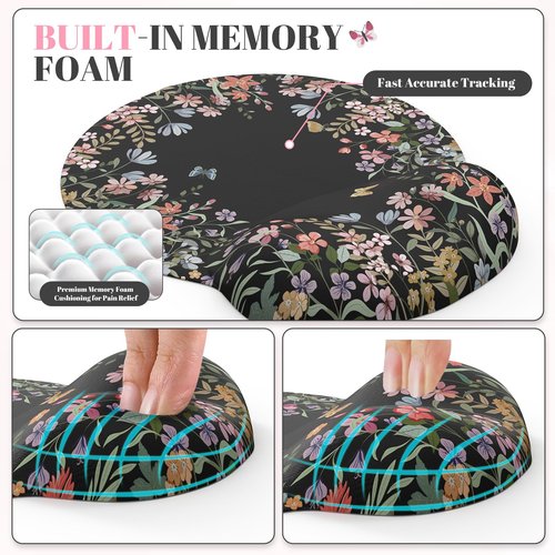 iCasso Desk Mat Set,Large Mouse Pad with Wrist Rest,Ergonomic Keyboard Wrist Support for Women,Girly Floral Computer Mat with Scalloped Edges,Non-Slip Desk Pad Home Office Gaming (Black)