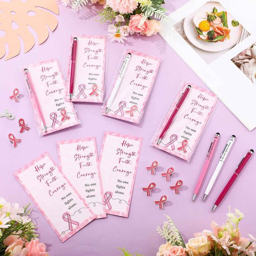 Janlaugh 72 Sets Breast Cancer Awareness Accessories 2 in 1 Pen with Stylus Tip Pink Ribbon Pin Breast Cancer Awareness Bulk Items Survivor Gifts Hope Cards Gift Bags Pink Ribbon Accessories